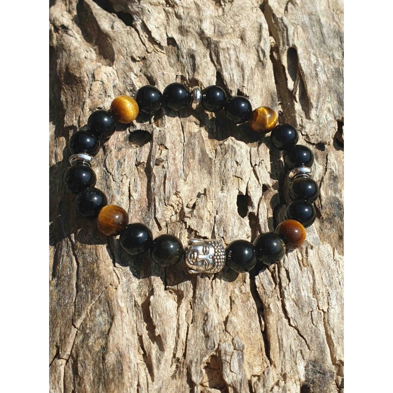 Bracelet Oeil de Tigre et Obsidienne Buddha Bracelet Oeil de Tigre et Obsidienne Buddha